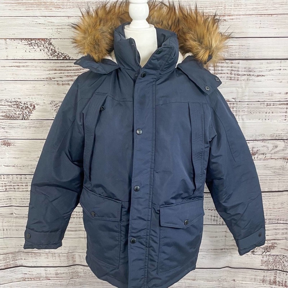 Ben Sherman Boy’s Navy Faux Fur Hooded Coat. Size 14/16